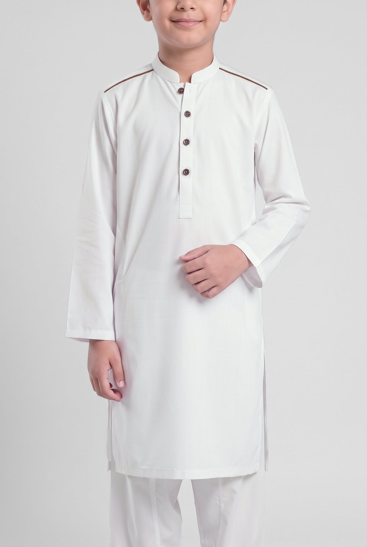 Boys' Pure White Cotton Shalwar Kameez - 221028 – placket detail