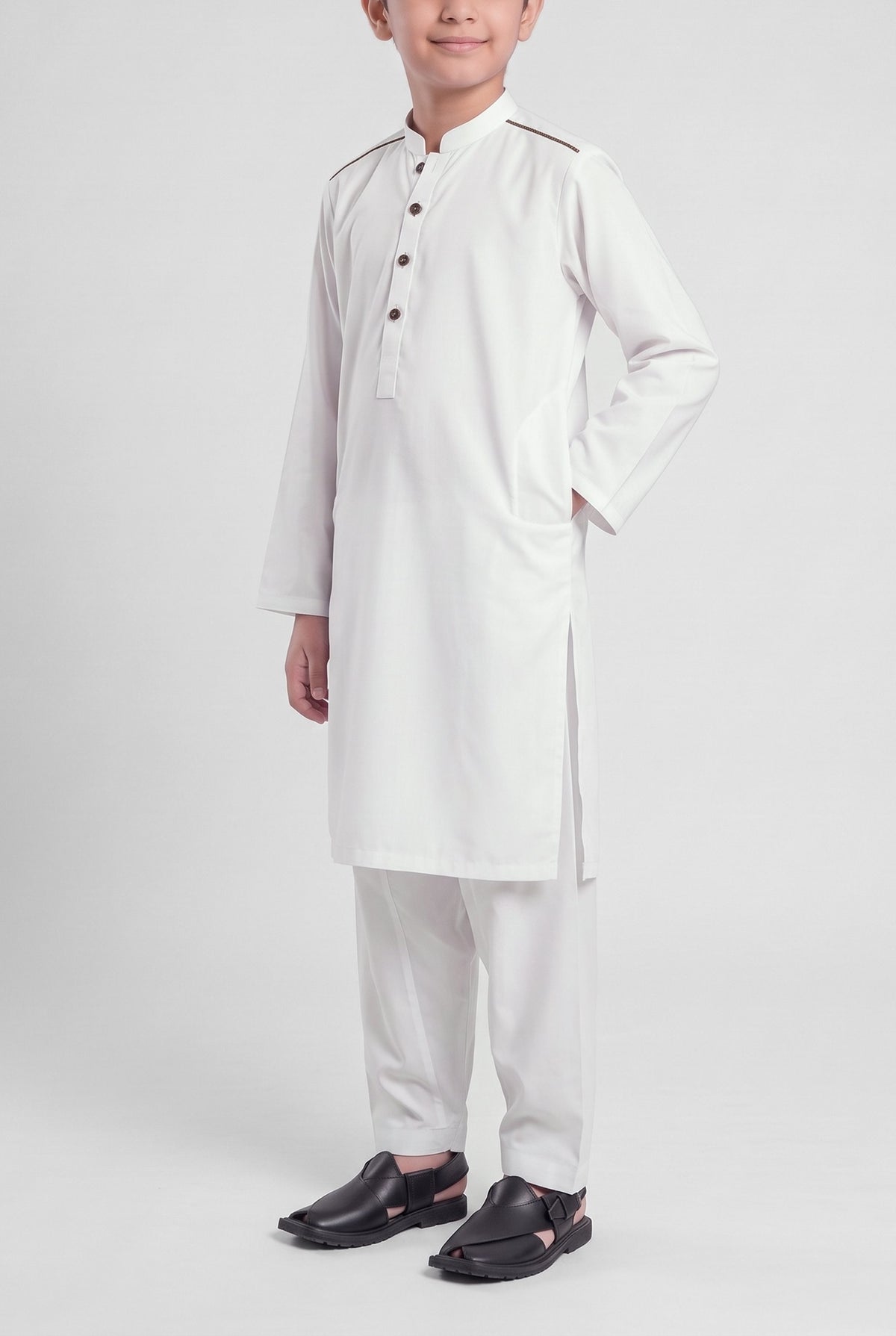 Boys' Pure White Cotton Shalwar Kameez - 221028 – side-pocket pose