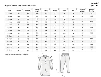 Boys' kameez shalwar size guide