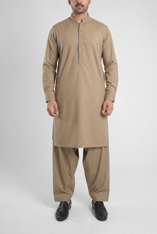 Men's Desert Khaki Wash & Wear Shalwar Kameez - 112022 – front