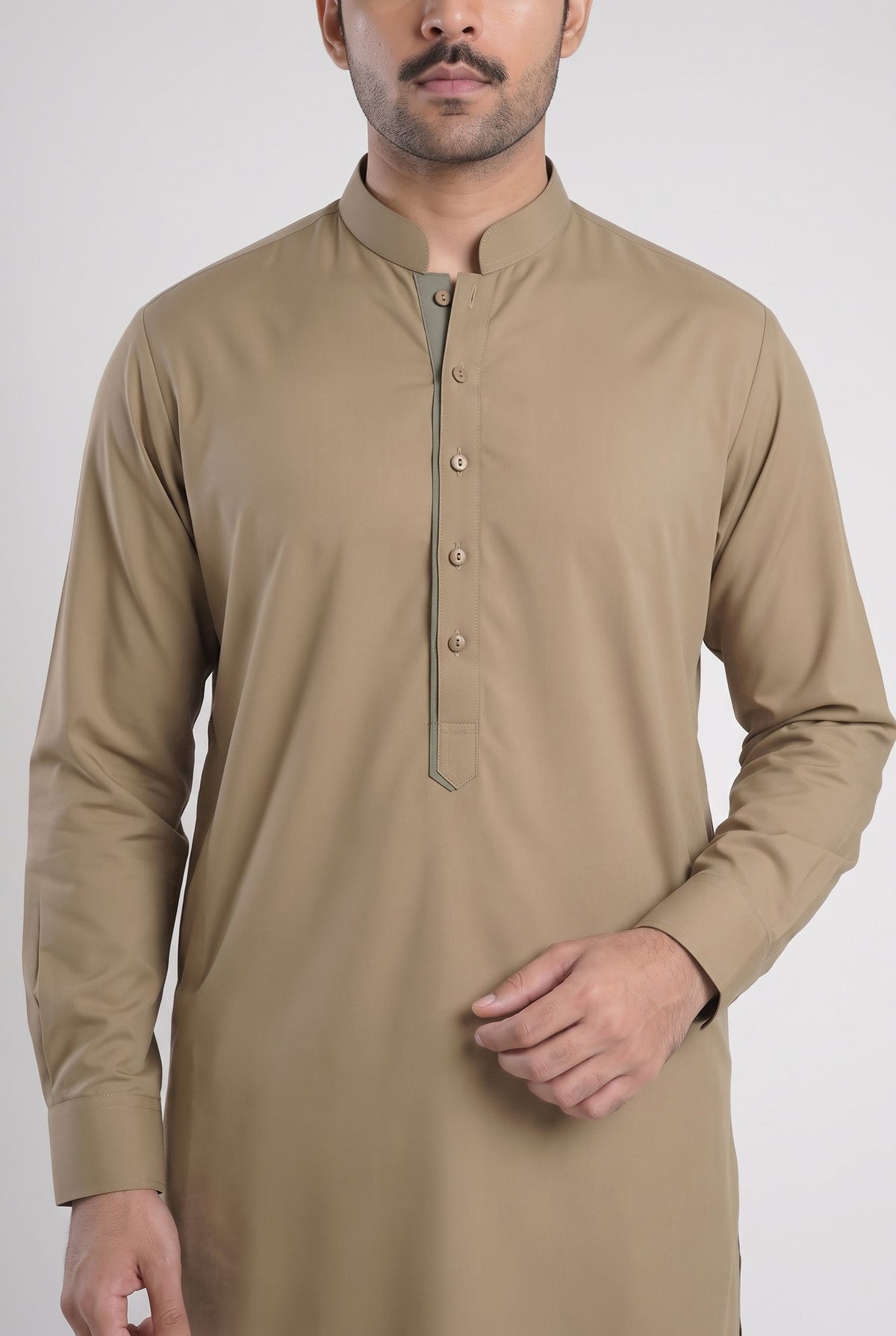 Men's Desert Khaki Wash & Wear Shalwar Kameez - 112022 – placket detail