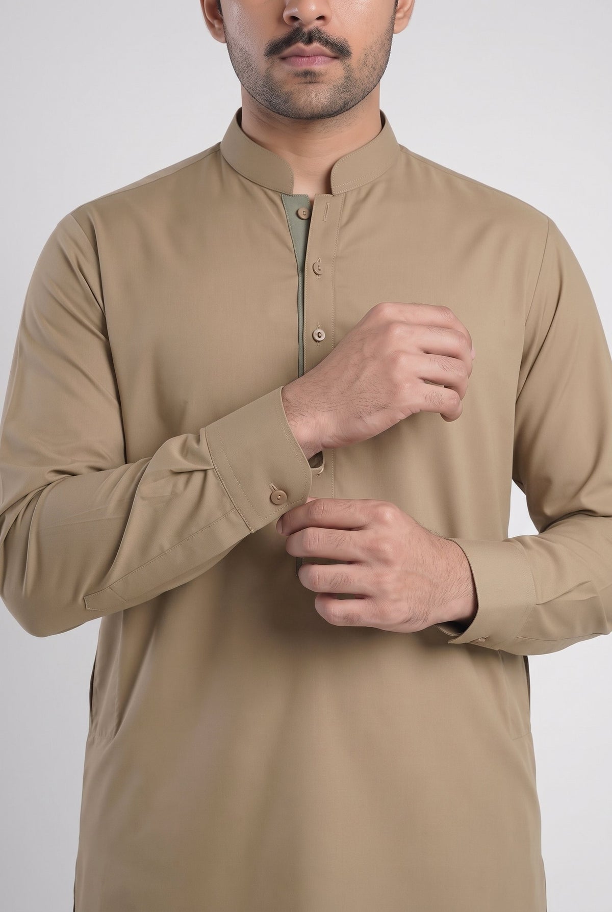 Men's Desert Khaki Wash & Wear Shalwar Kameez - 112022 – cuff detail