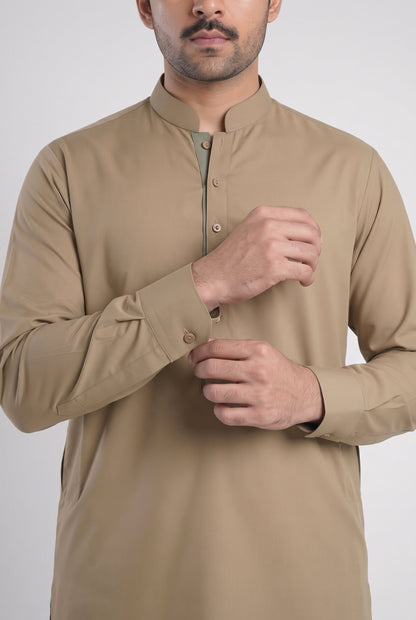 Men's Desert Khaki Wash & Wear Shalwar Kameez - 112022 – cuff detail