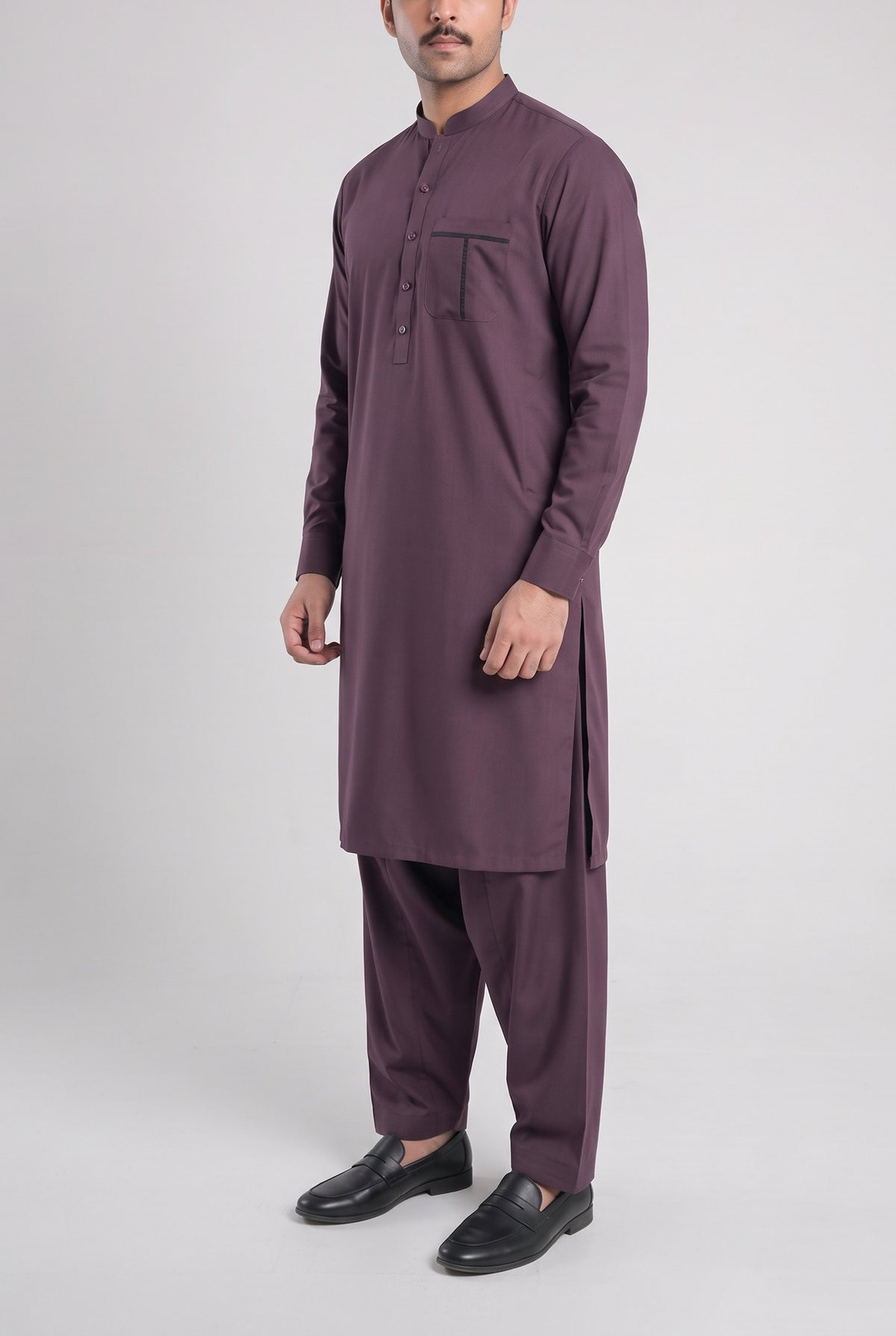 Men's Deep Plum Wash & Wear Shalwar Kameez - 112023 – three-quarter