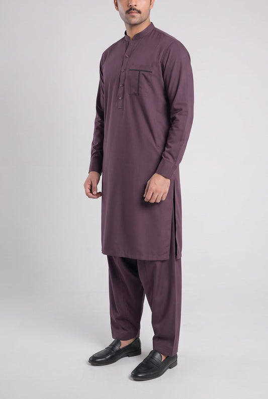 Men's Deep Plum Wash & Wear Shalwar Kameez - 112023 – three-quarter