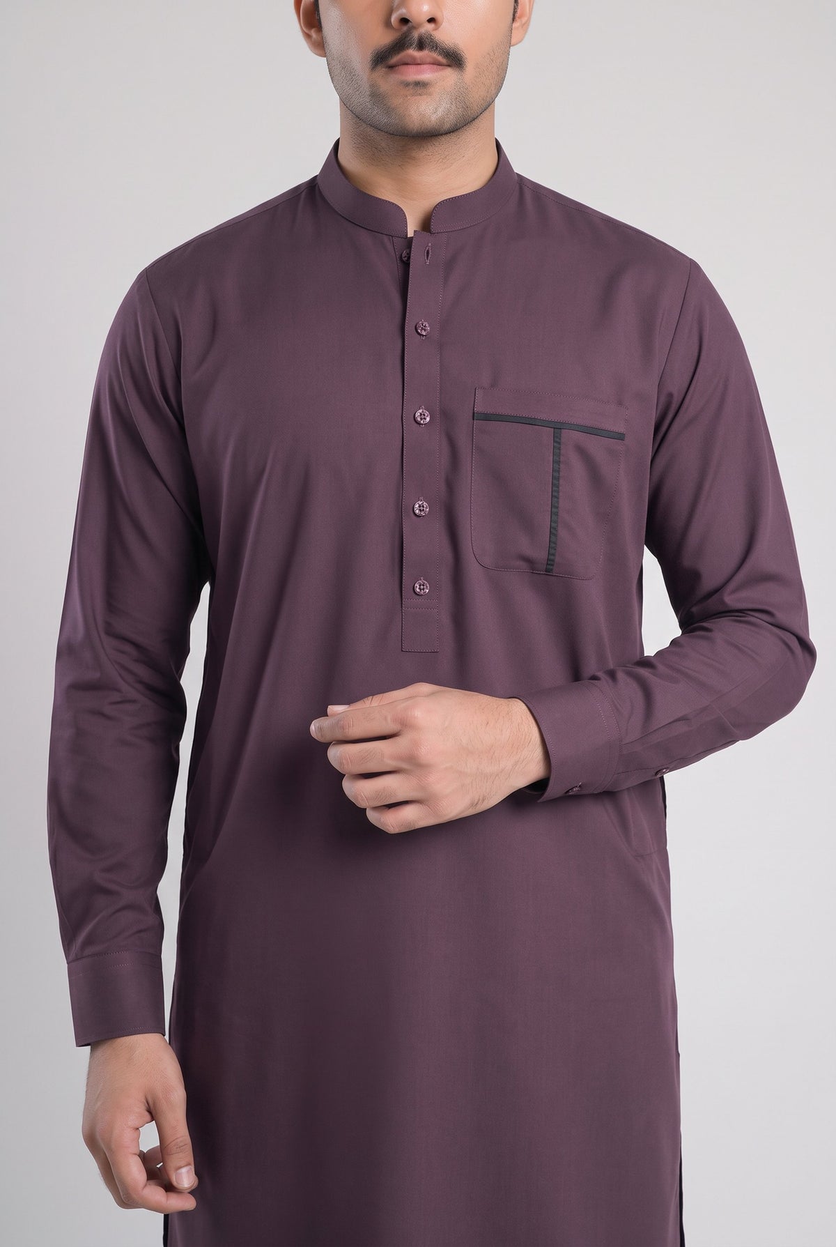 Men's Deep Plum Wash & Wear Shalwar Kameez - 112023 – pocket and placket detail