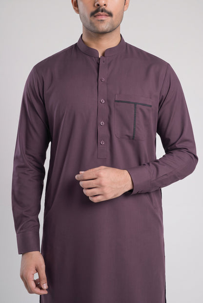 Men's Deep Plum Wash & Wear Shalwar Kameez - 112023 – pocket and placket detail