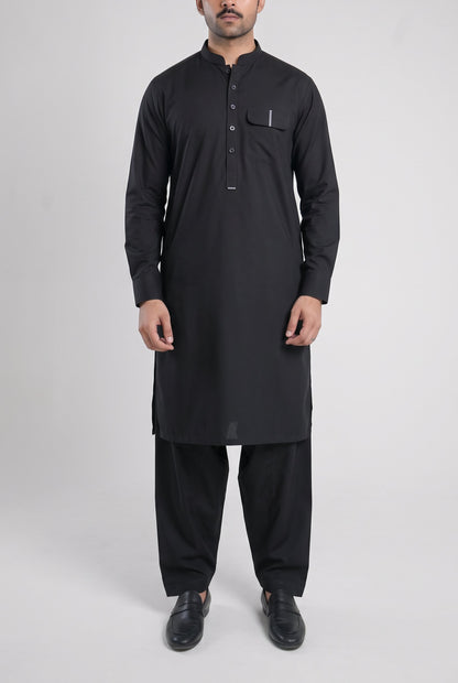 Men's Jet Black Wash & Wear Shalwar Kameez - 112024 – front