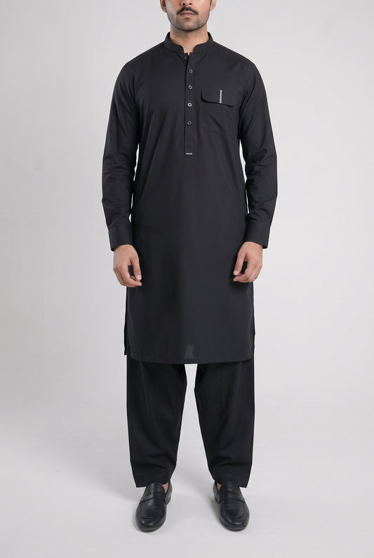 Men's Jet Black Wash & Wear Shalwar Kameez - 112024 – front