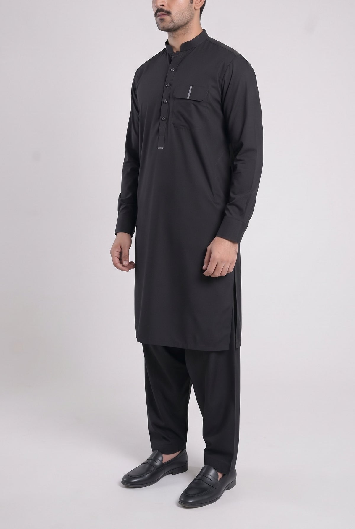 Men's Jet Black Wash & Wear Shalwar Kameez - 112024 – three-quarter