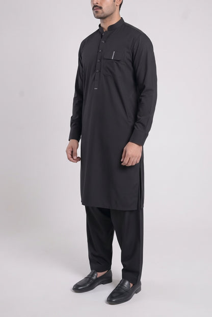Men's Jet Black Wash & Wear Shalwar Kameez - 112024 – three-quarter