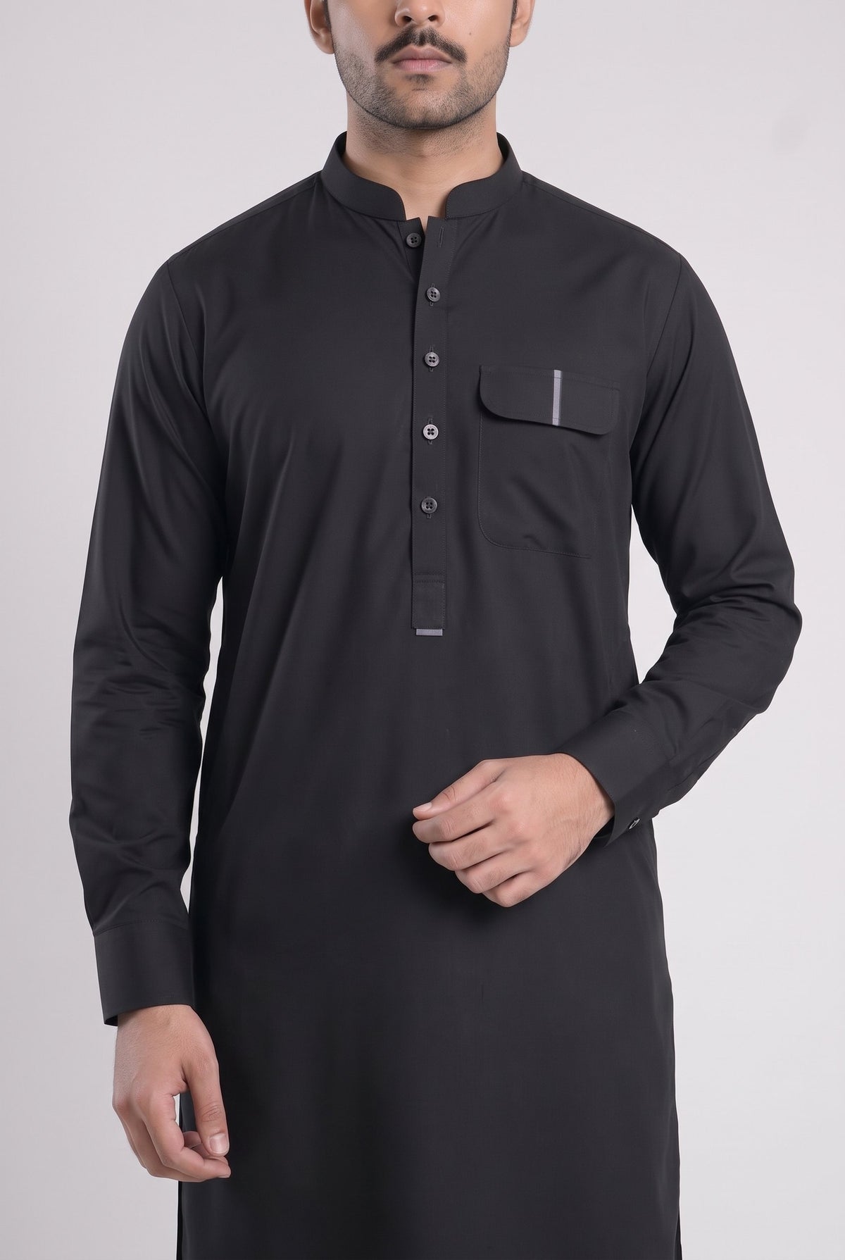 Men's Jet Black Wash & Wear Shalwar Kameez - 112024 – pocket and placket detail