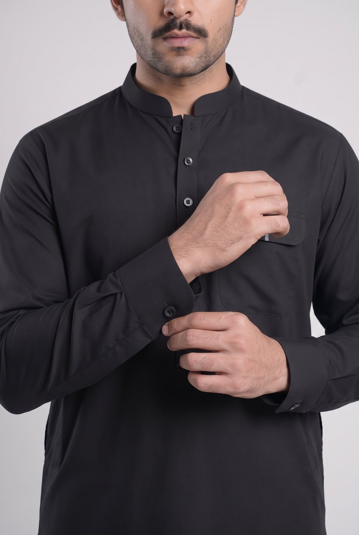 Men's Jet Black Wash & Wear Shalwar Kameez - 112024 – cuff detail