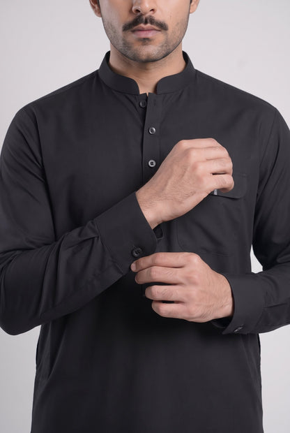 Men's Jet Black Wash & Wear Shalwar Kameez - 112024 – cuff detail