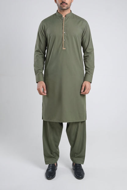 Men's Smoked Olive Wash & Wear Shalwar Kameez - 112025 – front