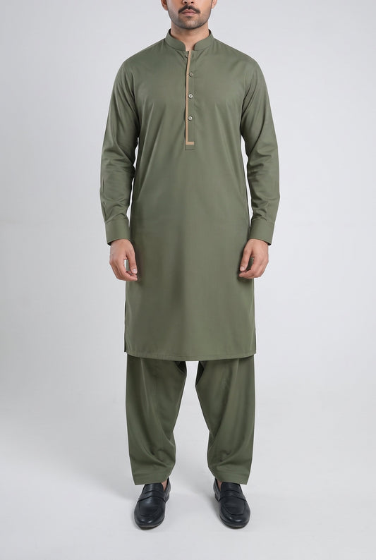 Men's Smoked Olive Wash & Wear Shalwar Kameez - 112025 – front