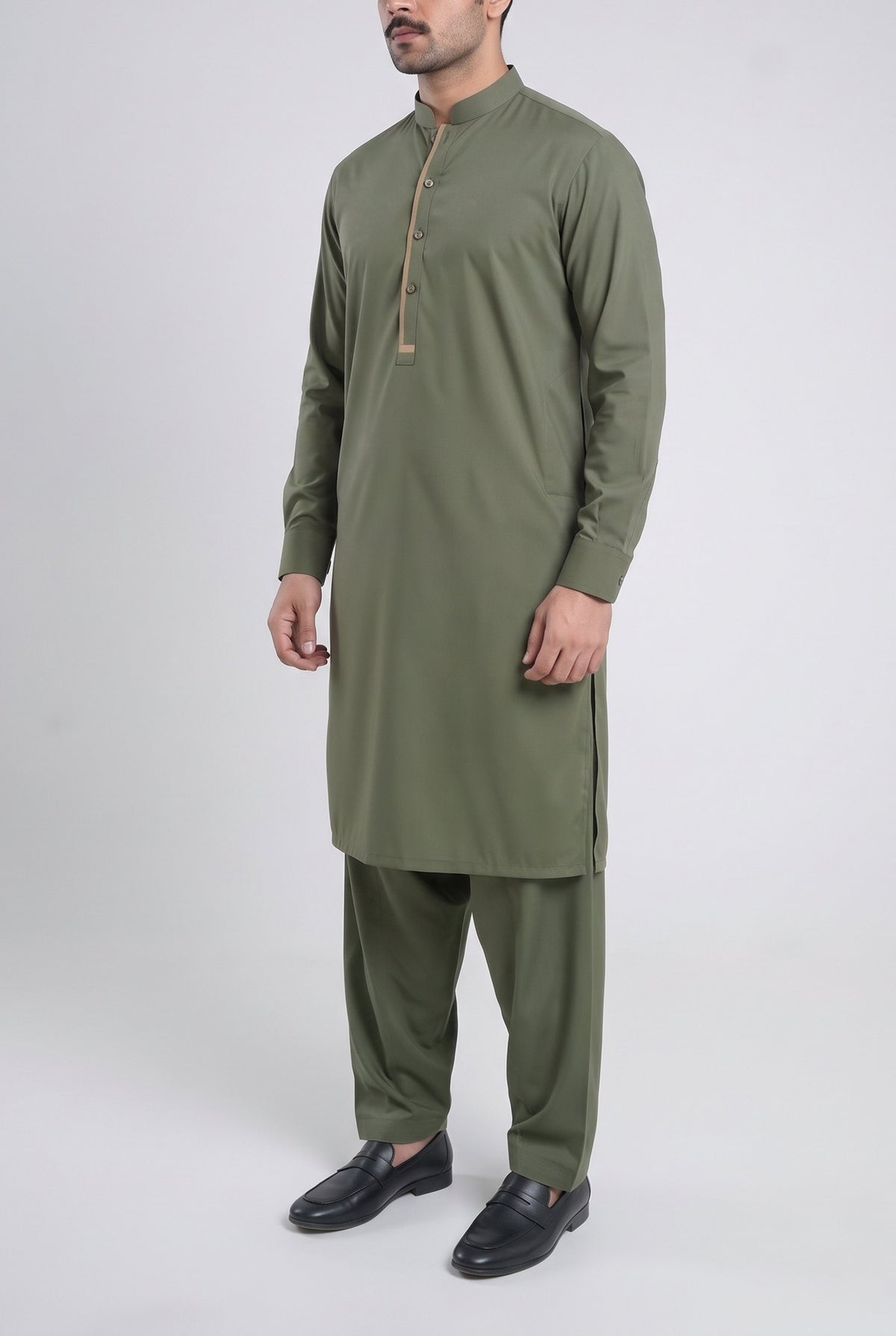 Men's Smoked Olive Wash & Wear Shalwar Kameez - 112025 – three-quarter