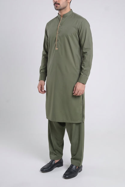 Men's Smoked Olive Wash & Wear Shalwar Kameez - 112025 – three-quarter