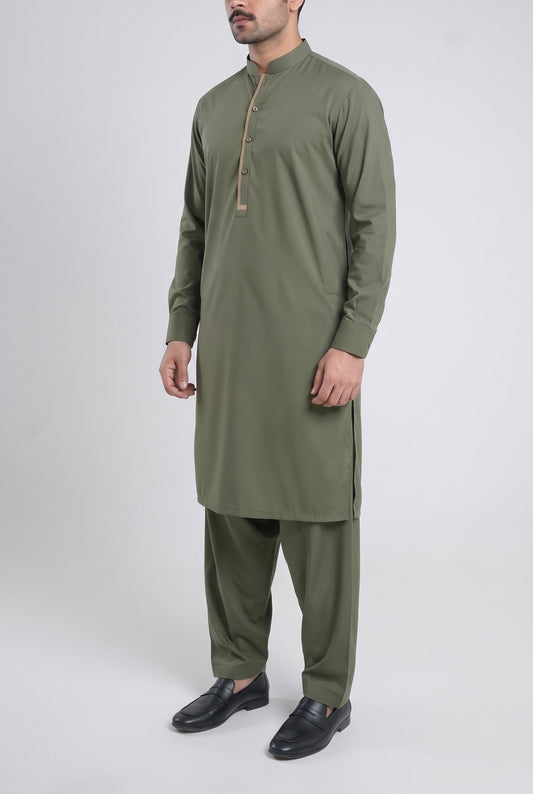Men's Smoked Olive Wash & Wear Shalwar Kameez - 112025 – three-quarter