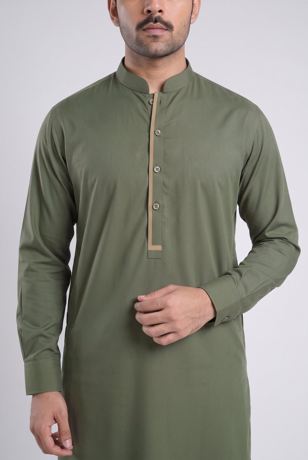 Men's Smoked Olive Wash & Wear Shalwar Kameez - 112025 – placket detail