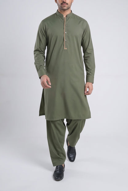 Men's Smoked Olive Wash & Wear Shalwar Kameez - 112025 – walking