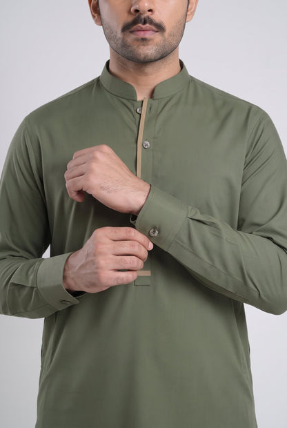 Men's Smoked Olive Wash & Wear Shalwar Kameez - 112025 – cuff detail