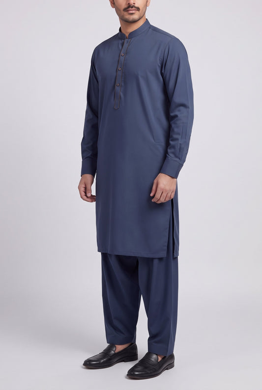 Men's Midnight Slate Wash & Wear Shalwar Kameez - 112026 – three-quarter