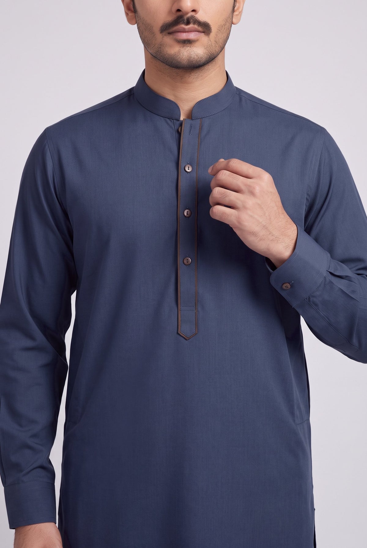 Men's Midnight Slate Wash & Wear Shalwar Kameez - 112026 – placket detail