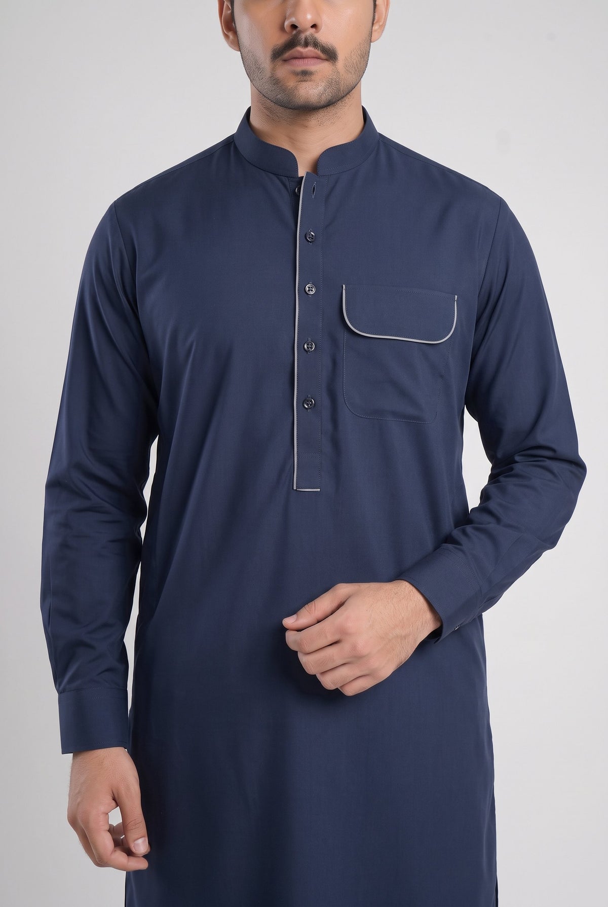 Men's Classic Navy Wash & Wear Shalwar Kameez - 112027 – placket detail