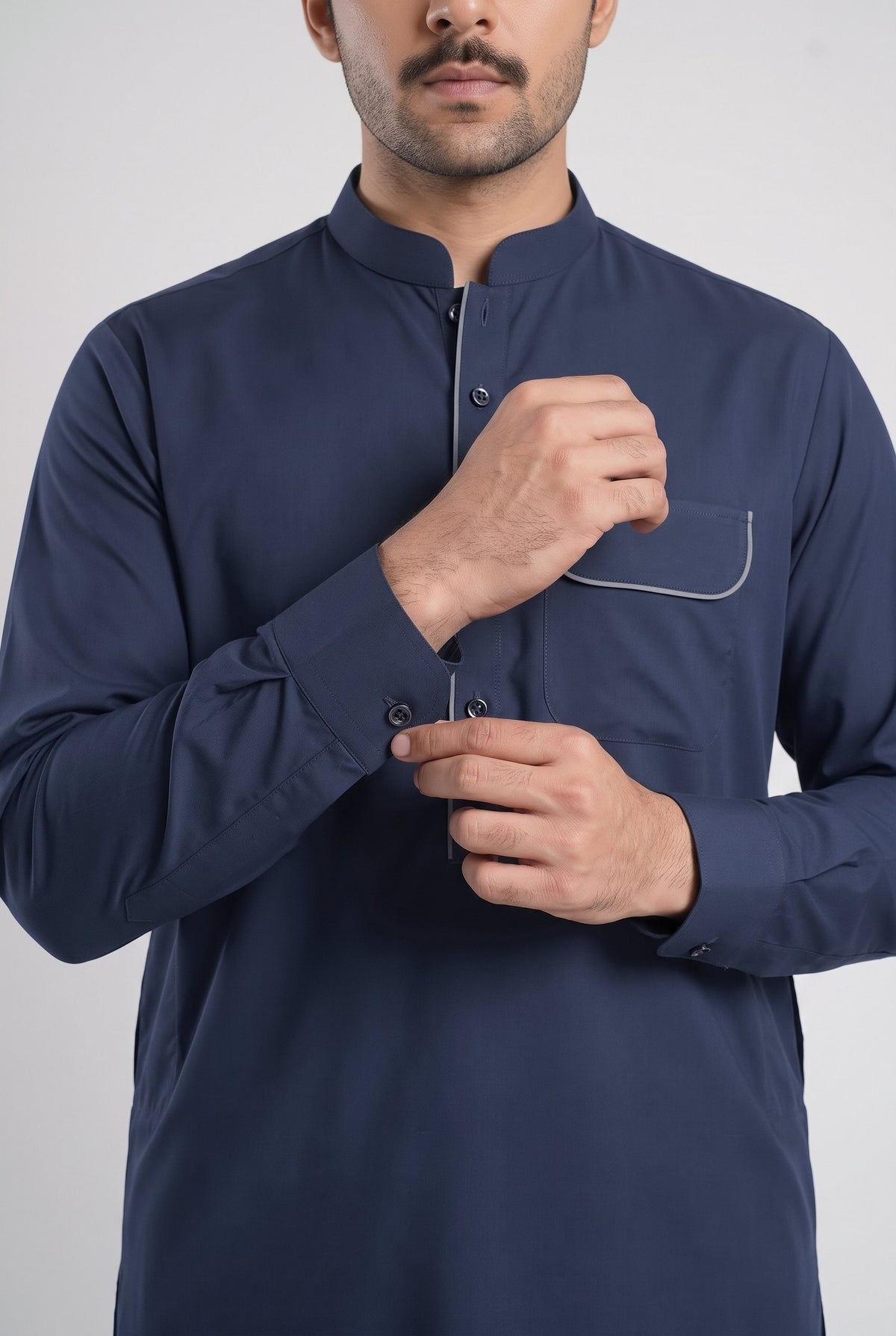 Men's Classic Navy Wash & Wear Shalwar Kameez - 112027 – cuff detail