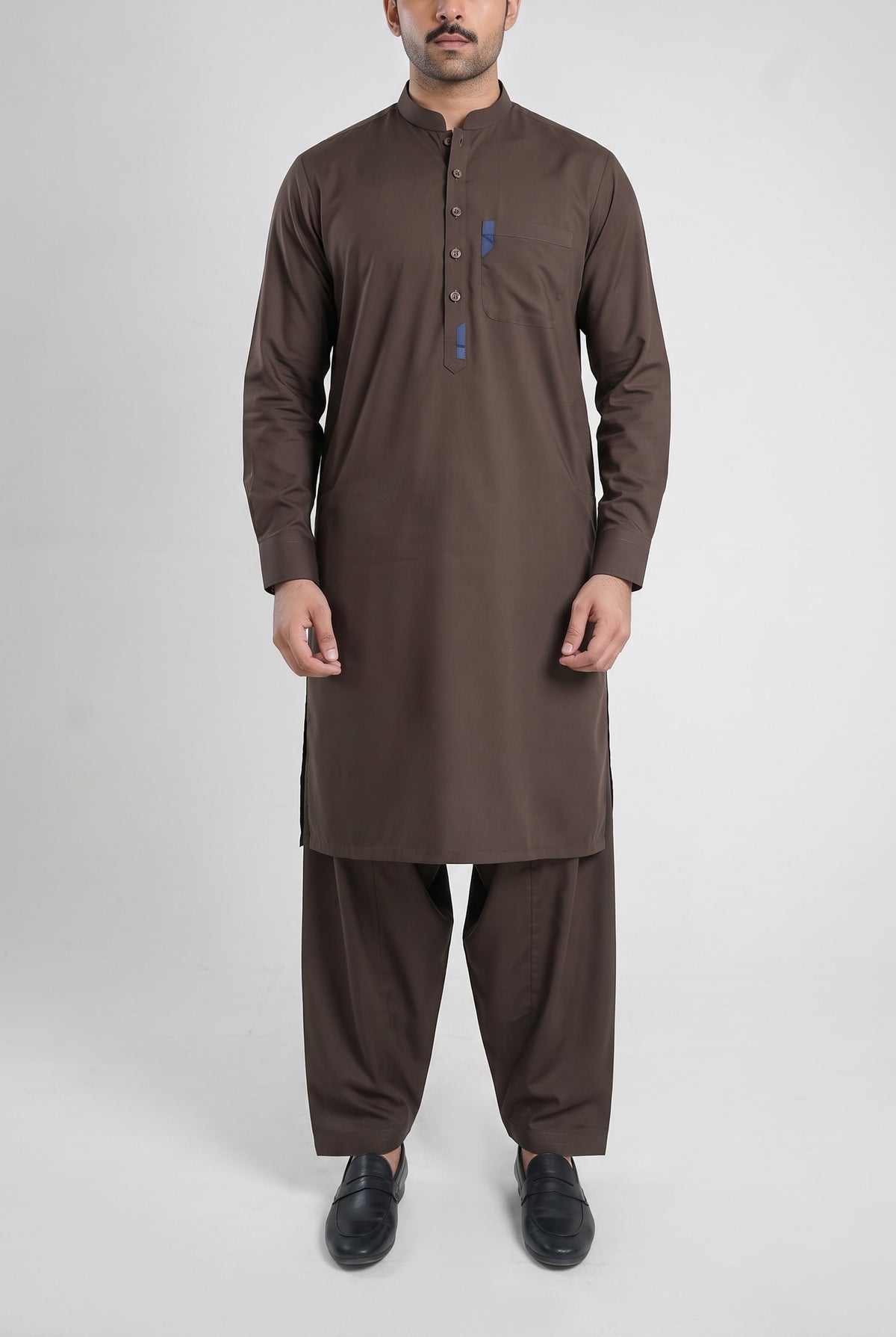 Men's Chocolate Brown Wash & Wear Shalwar Kameez - 112028 – front