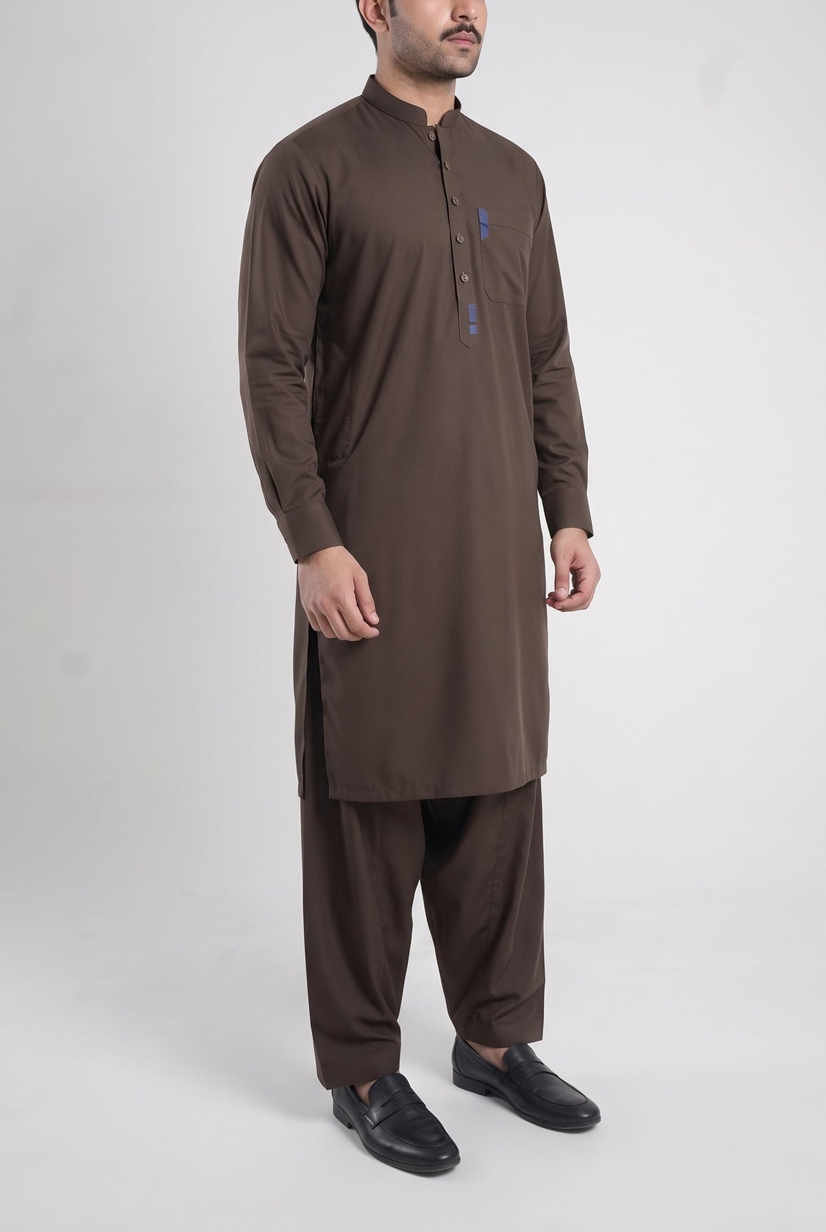 Men's Chocolate Brown Wash & Wear Shalwar Kameez - 112028 – three-quarter