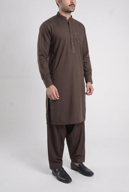 Men's Chocolate Brown Wash & Wear Shalwar Kameez - 112028 – three-quarter