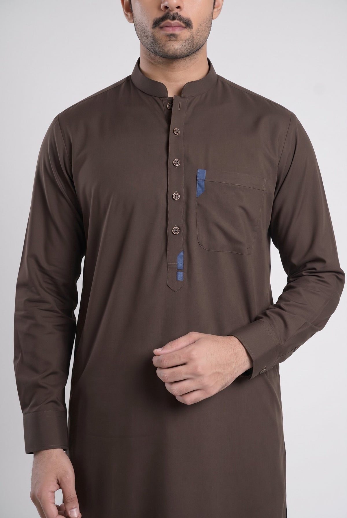 Men's Chocolate Brown Wash & Wear Shalwar Kameez - 112028 – placket detail