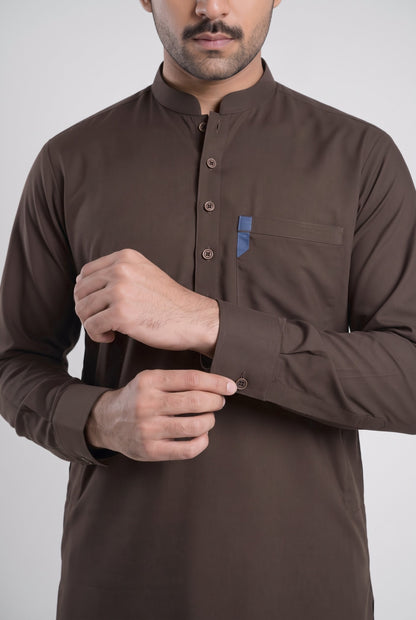 Men's Chocolate Brown Wash & Wear Shalwar Kameez - 112028 – cuff detail
